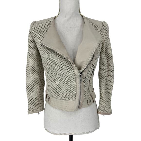 Joie Crochet Knit Lamb Leather Trim Jacket in Cream - Picture 6 of 14